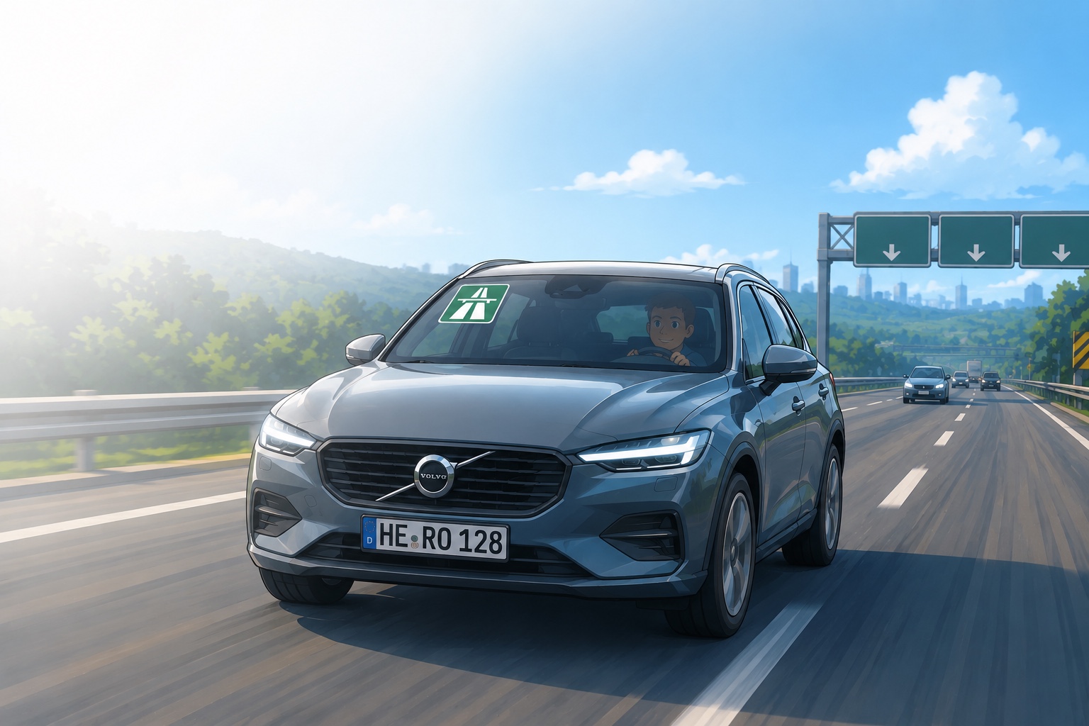 Car driving on a sunny European highway through open countryside